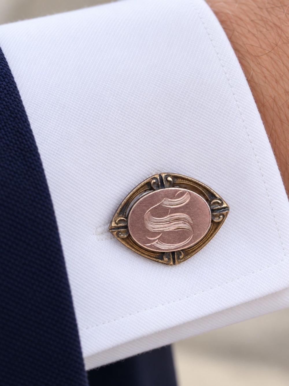 Plainville Stock Co. Engraved S Monogram Bean Back Cufflinks